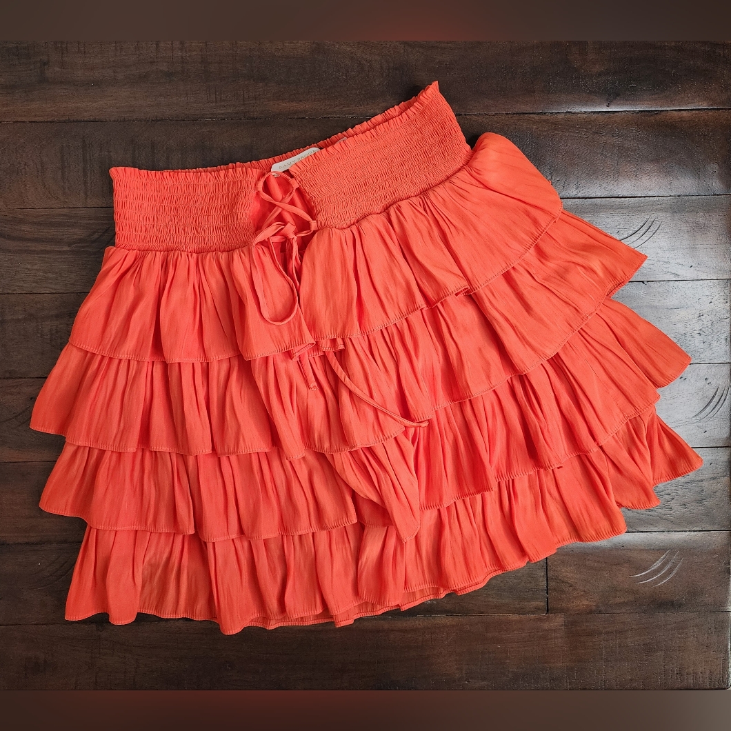 Ramy Brook Stormi Orange Ruffle Tier Smocked Lace-Up Mini Skirt Med Resortwear